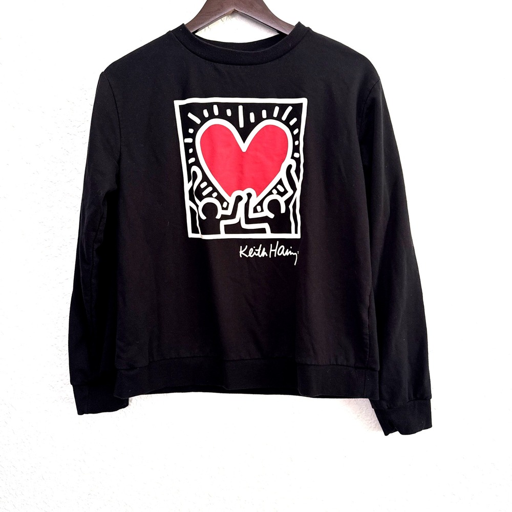 Keith Haring Sweatshirt Womens M Black Heart Graphic Pullover Crew Neck